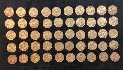 null ROYAUME UNI: lot de 50 pièces de un souverain or 

- deux pièces de un souverain...