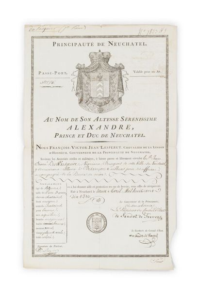 null SANDOZ DE TRAVERS François (1771-1835) 
Laisser-passer signé, Neuchatel, 2 avril...