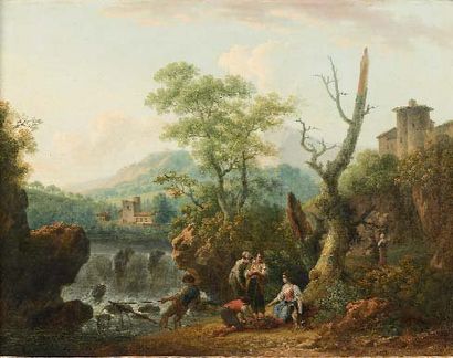 Pierre Joseph WALLAERT (Lille 1753 - Paris vers 1812) Pêcheurs près d'une cascade...