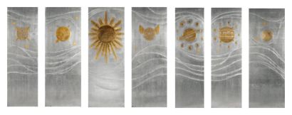 Pierre BOBOT (1902-1975) Jupiter, Vénus, Lune et Soleil Suite de sept panneaux de...