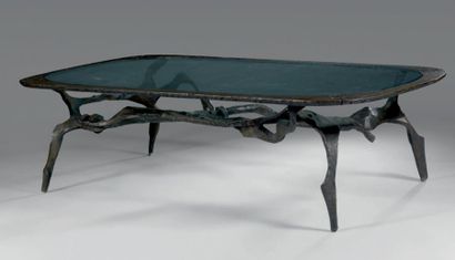 François THEVENIN (né en 1931) Grande table rectangulaire, plateau de verre, piétement...