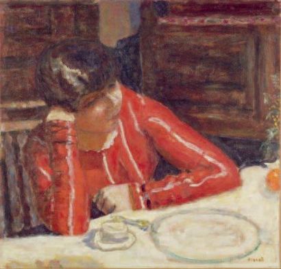 Pierre BONNARD (1867-1947) Marthe à la nappe blanche, 1926 Huile sur toile, signée...