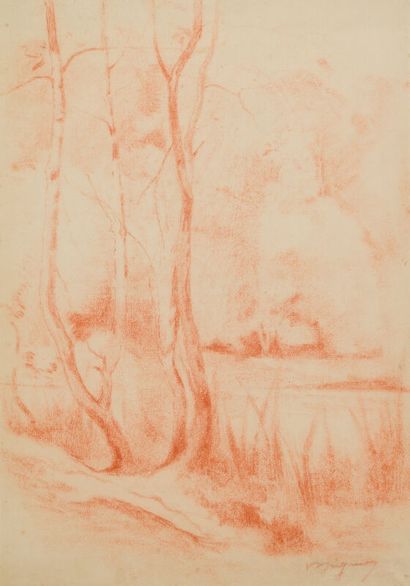 null Lucien MIGNON (1865-1944)
Les arbres au bord de rivière - Nu debout
Deux sanguines.
Signée...