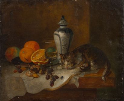 null ECOLE FRANCAISE
Nature morte au chat
Huile sur toile. 
Porte une signature et...