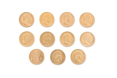 null Lot de onze pièces de vingt francs or contenant : 
- deux pièces à l'effigie...
