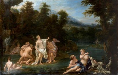 École ROMAINE du XVIIIe siècle Diane et ses nymphes Sur sa toile d'origine. 90 x...