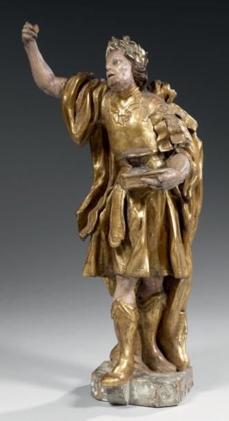 null Saint Hubert Sculpture en bois doré et polychrome. XVIIe siècle. Hauteur: 68...