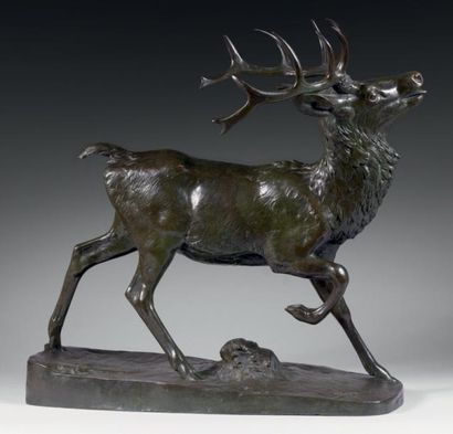 Antoine-Louis BARYE (1796 - 1875) Cerf debout Bronze à patine brun-vert portant:...