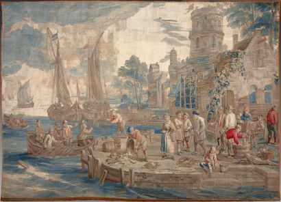  Très fine tapisserie de Bruxelles «Le marché au poisson» D'après David II Téniers...