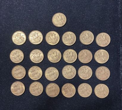 null ROYAUME UNI. 25 souverains or (916,7/1000) comprenant : 
- 12 pièces Edouard...