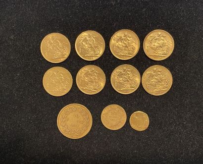 null Lot de 11 pièces en or (900/1000) comprenant : 

- ROYAUME-UNI. 8 souverains...
