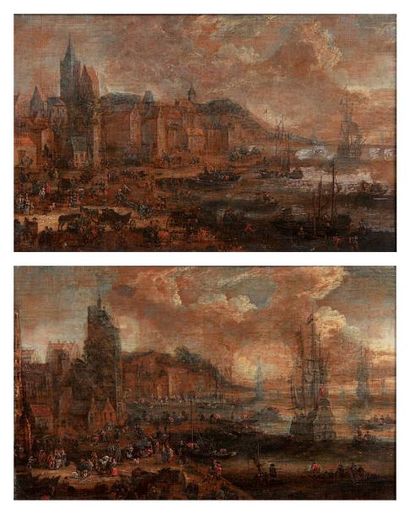 Peter CASTEELS (Actif à Anvers vers 1650 - 1724) Vues de ports animées Paire de panneaux...