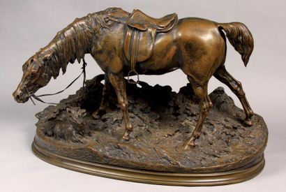 Pierre Jules MENE (1810 - 1879) Cheval sellé jouant avec un chien Épreuve en bronze...
