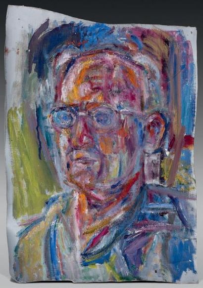 Pinchus KREMEGNE (1890-1981) Autoportrait aux lunettes Toile, fragment. Non signée....