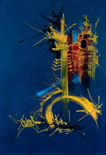 Georges MATHIEU (1921-2012) Montgolfière bleue, 1971 Huile sur toile signée et datée...