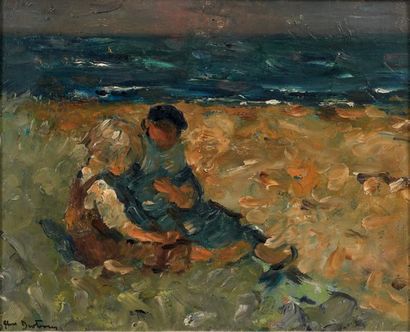 Abel BERTRAM (1871-1954) Mère et enfant assis en bord de mer Huile sur carton signé...