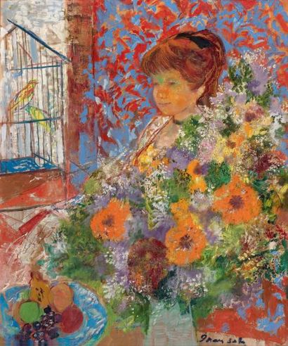 Emilio GRAU-SALA (1911-1975) Jeune fille et fleurs, 1970 Huile sur toile. Signée...