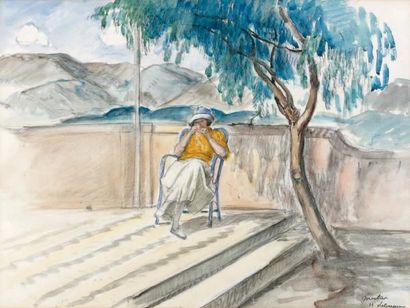 Henri LEBASQUE (1865-1937) Sur la terrasse Aquarelle et mine de plomb sur papier....