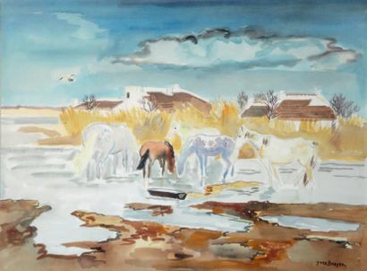 Yves BRAYER(1907-1990) Les chevaux en Camargue Aquarelle, signée en bas à droite....