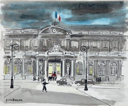 Yves BRAYER (1907-1990) Palais de l'Élysée Estampe rehaussée d'aquarelle, signée...