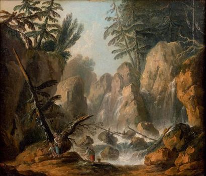 Louis Philippe CRÉPIN (Paris, 1772 - 1851) Lavandières au bord d'une cascade de montagne...