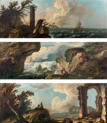 École FRANÇAISE du XIXe siècle, suiveur de Hubert ROBERT Pêcheur près de la cascade...