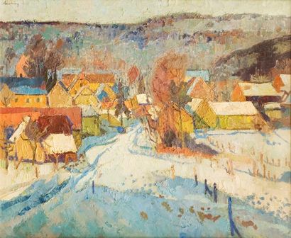BOEHRINGER Auguste (1913- 1974) Village dans la neige, ORBEY Toile signée en haut...