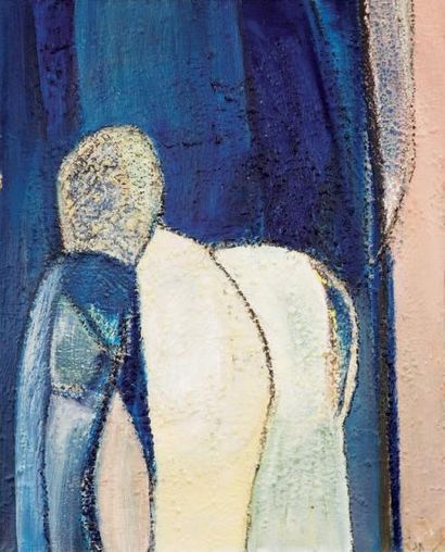 ROUSSILLON Jean (1931- 2009) Sans titre (personnage blanc sur fond bleu) Huile sur...