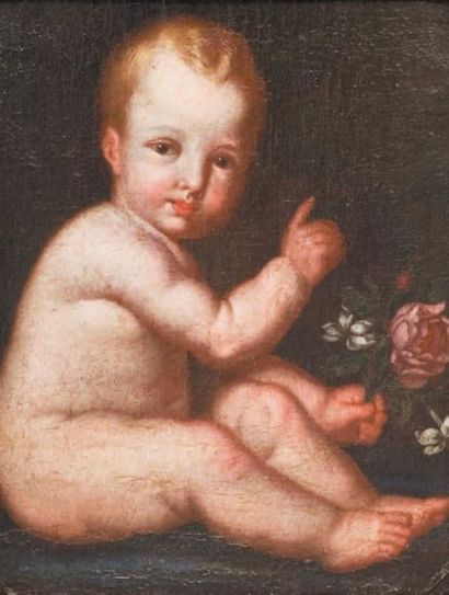 Ecole italienne du XVIIe siècle Jeune enfant tenant des roses Toile. (Restaurations...