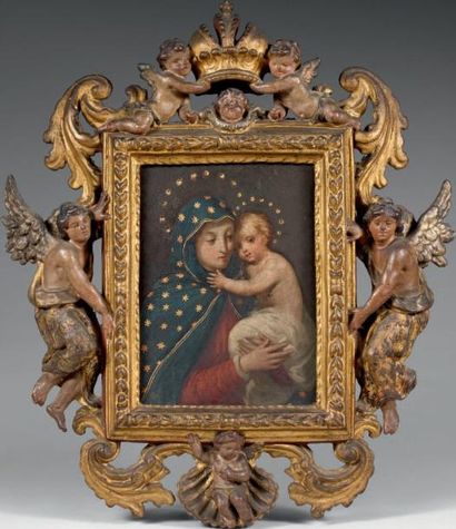 Ecole Italienne du XIXe siècle Vierge à l'Enfant Panneau. 19 x 14 cm RM