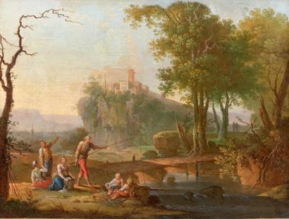 Jean Baptiste CLAUDOT (Badonviller 1733 - Nancy 1805) La pêche Toile. 55 x 71,5 cm...