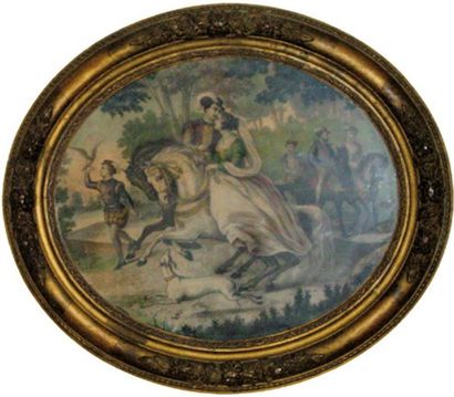  Couple à cheval en forêtLithographie en couleurs de forme ovale.XIXe siècle.Mouillures.37...
