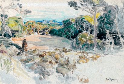 Henri-Émilien ROUSSEAU (1875-1933) Le berger et son troupeau Aquarelle signée en...