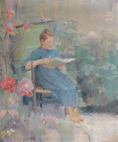 Adrien KARBOWSKY (1855-1945) Jeune fille lisant au jardin Huile sur toile signée...