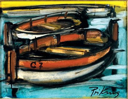 Franz PRIKING (1927-1979) Les barques Technique mixte sur papier marouflé. 26 x 35...