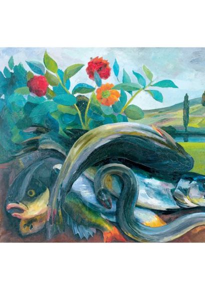 Georges GUYOT (1885-1973) Anguille et brochet au bord de l'étang, 1922 Huile sur...