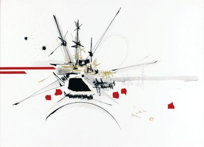 Georges MATHIEU (Né en 1921) Composition, 1969 Aquarelle, encre et collage de papier...