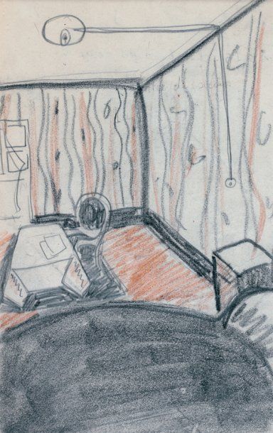 Auguste CHABAUD (1882-1955) La chambre au tapis rouge Dessin au crayon noir et couleur,...