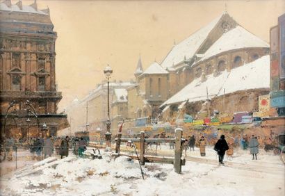 Eugène GALIEN-LALOUE (1854-1941) Saint-Germain-l'Auxerrois sous la neige Gouache...