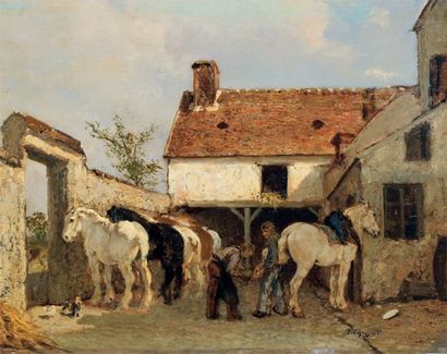 Jules VEYRASSAT (1828-1893) Chevaux chez le maréchal-ferrant Huile sur panneau d'acajou,...