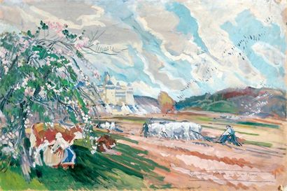Mathurin MEHEUT (1882-1958) Labourage de printemps en Ile-de-France Gouache sur papier,...