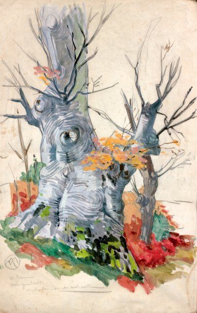 Mathurin MEHEUT (1882-1958) Le vieil arbre Gouache sur papier, monogrammée avec envoi...