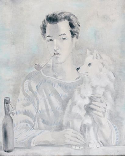 KOYATAG Homme à la pipe et au chien Huile sur toile signée en bas à droite. 80 x...