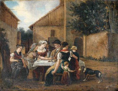 École Française vers 1820, entourage de Jean Louis DEMARNE Le déjeuner familial Panneau...