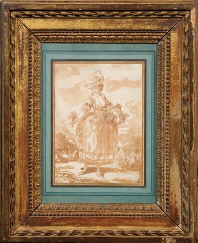 Claude Louis DESRAIS (1746-1816) attribué à La Bouquetière Plume et encre brune,...