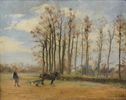 G. SAILLARD (actif au XIXe siècle) Paysage au moissonneur Toile marouflée. Signée...