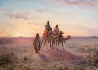 Paul PASCAL (1867- ?) Chameliers dans le désert et Bords du Nil Paire de gouaches,...