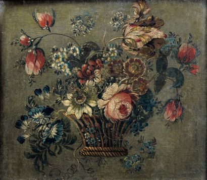 LERICHE (actif en France au XVIIIe siècle) Corbeille de fleurs Toile marouflée sur...