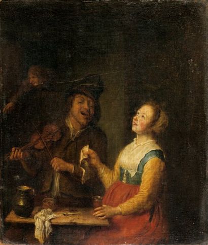 École holandaise du XVIIIe siècle Violoniste et femme dans une taverne Toile marouflée...