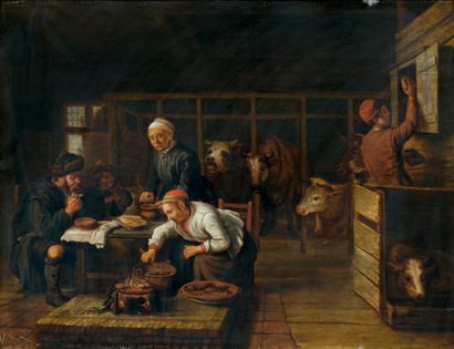 Jan VICTORS (1620-1677) attribué à Le repas dans l'étable Panneau de chêne, une planche...